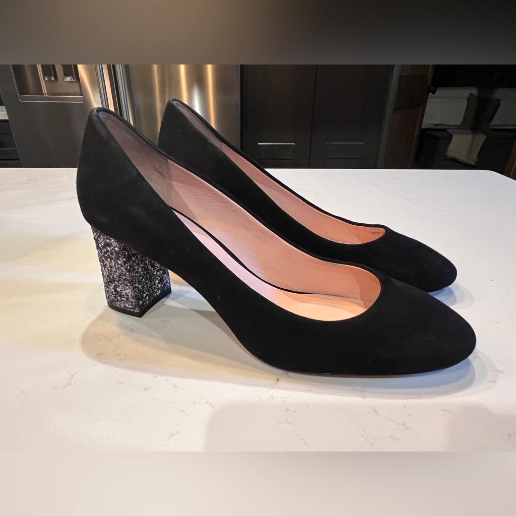 Kate Spade Charlize Black Kid Suede With Anthracite Glitter Block Heel Size 10